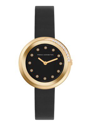French Connection Sunray Black Round Dial with Black Leather Strap Watch for Womens 