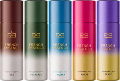 FRENCH ESSENCE Deodorant Body Spray, (Pack of 5- Bloom, Oud, Grace, Recharge, Triumph) Deodorant Spray - For Men & Women (250 ml, Pack of 5)