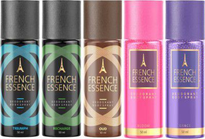 FRENCH ESSENCE Deodorant Body Spray, (Pack of 5- Bloom, Oud, Grace, Recharge, Triumph) Deodorant Spray - For Men & Women  (250 ml, Pack of 5)