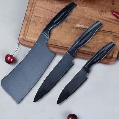 Frenchware Premium Kitchen Knives Set of 3, High-Carbon, Sharp Blades, 100% Food-Grade, Black-Coated Chef Knife, Utility Knife, Chopper Knife, Non-Slip Handle, Easy-to-Clean