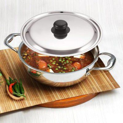 Frenchware Tri-Ply Stainless Steel Extra Deep Kadhai 1.5 litres Capacity (20 cm Diameter), Tri-Ply Stainless Steel Kadai with Stainless Steel Lid - Silver (Induction and Gas Stove Friendly)