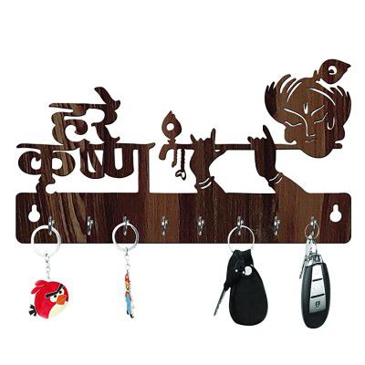 Freny Exim Hare Krishna Wooden Key Holder with Face Mask Hanging with 8 Hook - Brown 037