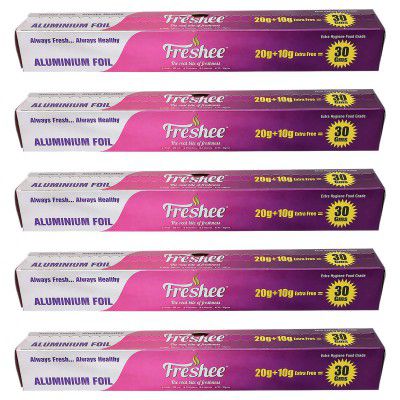 Freshee 30gm Disposable Silver Foil Roll Pack of 5, 11 Micron Thick Aluminium Foil for Food Wrapping Delivery & Oven Baking