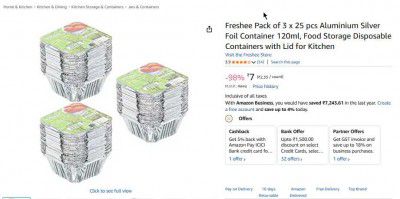 Freshee Pack of 3 x 25 pcs Aluminium Silver Foil Container 120ml