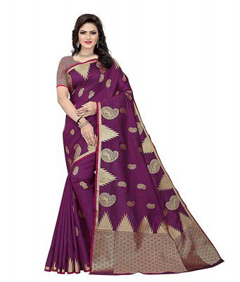Freshlife Exclusive womens fancy saree Excusive designer Banarasi Woven Soft Silk Saree Gold Zari work with Unstitched blouse Floral Attractive pallu with Border Design Jacquard Print Saree(Purple)