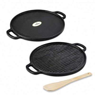 Freshome Cast Iron 2-in-1 Dosa Tawa & Grill with Wooden Spatula (30cm) 