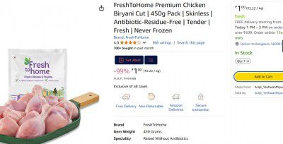 FreshToHome Premium Chicken Biryani Cut | 450g Pack | Skinless | Antibiotic-Residue-Free | Tender | Fresh | Never Frozen