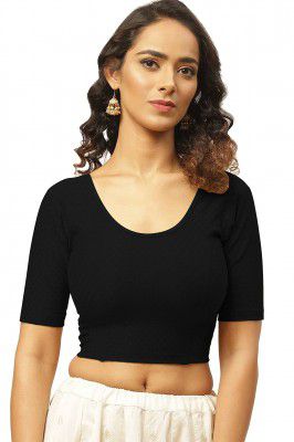 Fressia Fabrics Round Neck Dobby Cotton Lycra Stretchable Elbow Sleeve Readymade Saree Blouse for Women Stylish