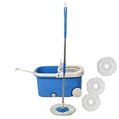 Frestol Plastic Mop with Wheel+4 Refill+Rod - Blue