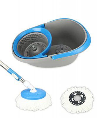 Frestol Plastic Spin Mop Bucket With 2 Refils-360 Degree Cleaning- Grey/Blue