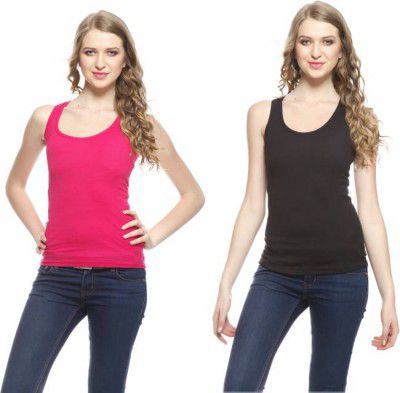 FRISKERS  Pack of 2 Casual Sleeveless Solid Women Pink, Black Top