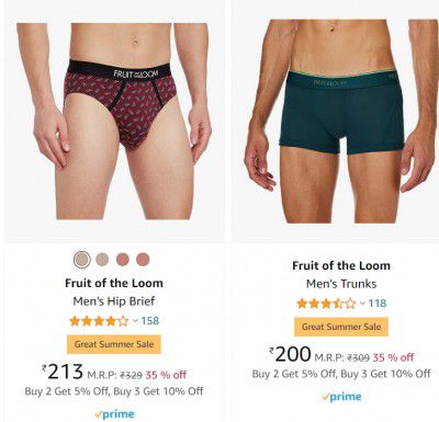 Fruit of the Loom Men's Innerwear @ Minimum 35% Off + Buy 4 Get Extra 25% Discount