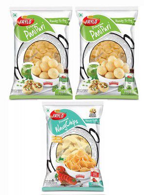 Frylo Ready-to-Fry Combo 775GM Frylo Multigrain Panipuri Pack of 2 with Paste (550Gm) and Premium Wavy Chips 225gm with Testmaker)