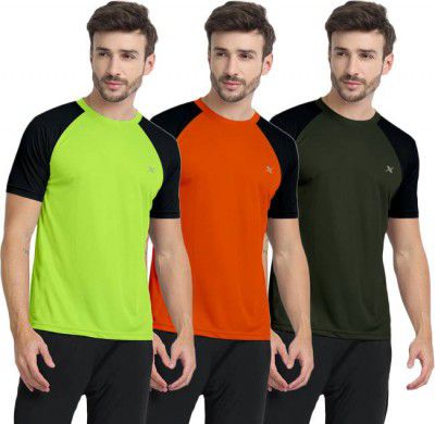 FTX  Pack of 3 Men Colorblock Round Neck Polyester Green, Orange T-Shirt