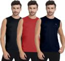 FTX Pack of 3 Men Solid Round Neck Polyester Black, Red, Navy Blue T-Shirt...