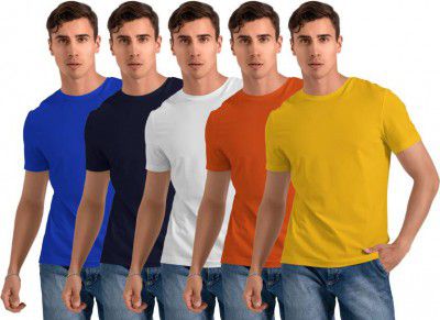 FTX  Pack of 5 Men Solid Round Neck Polyester Blue, Navy Blue, White, Orange, Yellow T-Shirt