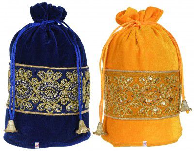 Fun Homes Embroidered Design Potli Bags Handbags for Women Gifting Wristlets for Wedding - Pack of 2 (Blue & Yellow)