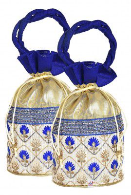 Fun Homes Embroidered Design Potli Bags Handbags for Women Gifting Wristlets for Wedding, Festival, Kitty Subh Shagun-Pack of 2 (Blue)