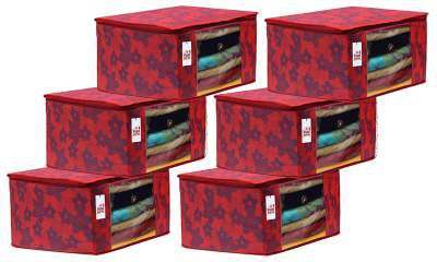 Fun Homes Metalic Printed 6 Pieces Non-Woven Fabric Saree Cover/Clothes Organiser with Transparent Window, Extra Large (Red)