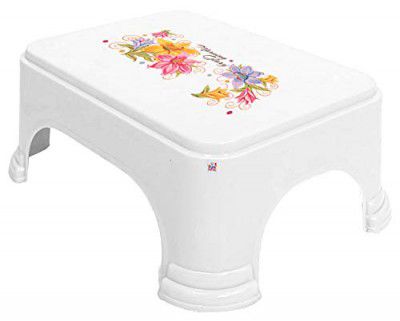 Fun Homes Pack of 1 Plastic Bathroom Stool | Small Sitting Patla for Bathroom | Floral Print Washroom Stool for Hotels | Kitchen Helper Stool | Sturdy & Anti-Slip Bathing Stool/Pata for Home | White