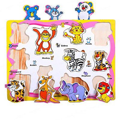 FunBlast Animal Puzzle Board- Pack of 1 Wooden Toys, Educational Toys for Kids, Montessori Wooden Learning Puzzle Board Toy, Wooden Toys for Kids -Multicolor