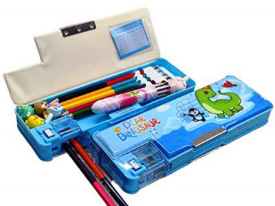 Funblast Plastic Magnetic Pencil Box With Sharpener Space Explorer Themed Luxury Pencil Case For Kids Stationery Organizer Pencil Box (Dinosaur) Multicolour