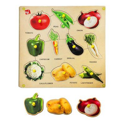 FunBlast Wooden Board for Kids – Learning Board for Kids, Wooden Vegetables Puzzle Game, Wooden Learning Board and Knobs, Vegetables Board for Kids