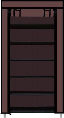 FurniGully 1 Door 6 Shelf Fabric PP Carbon Steel Collapsible Wardrobe  (Finish Color - Brown, DIY(Do-It-Yourself))