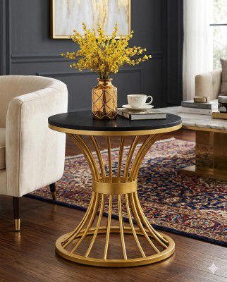 Furniture Cafe Modern Coffee Table for Living Room Center Table Home Decor Round Side Table Space Saving Furniture, Table Top Sturdy Metal Frame Wood Desk Centerpiece Bedroom (Golden/Black)