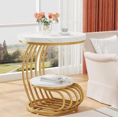 Furniture Cafe Modern Round Accent Table | Compact Side Coffee Table with Engineered Wood Top & Metal Frame | Bedside & Sofa Table for Living Room (Golden & White)