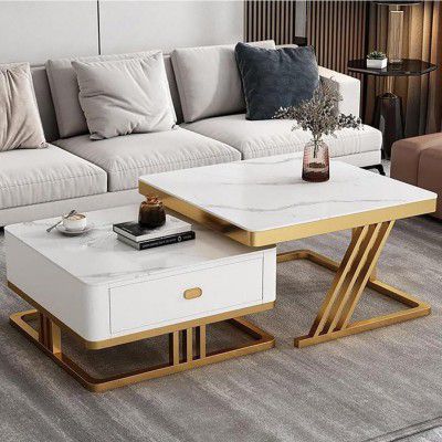 Furniture Cafe Square Nesting Coffee Table Set of 2 with Drawer | White Marble Look Top & Gold Metal Frame | Modern Center, Side & Accent Tables for Living Room, Bedroom & Balcony