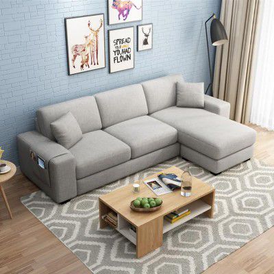FURNY Alora 4 Seater Fabric RHS L Shape Sofa Set (Light Grey)