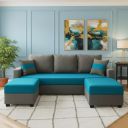 Furny Aurland 3 Seater Fabric Sofa Set with 2 Ottomans (Aqua Blue-Dark Grey)...