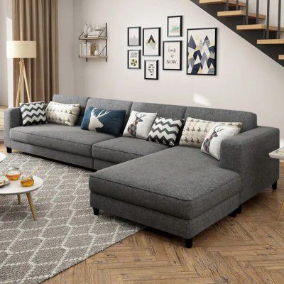 [Extra Rs 10500 OFF] FURNY Aurora 5 Seater Fabric RHS L Shape Sofa Set (Dark Grey)