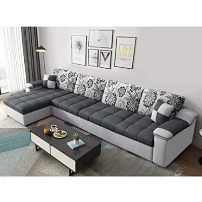 FURNY Carlito Fabric 5 Seater LHS L Shape Sofa Set (Light Grey-Dark Grey)
