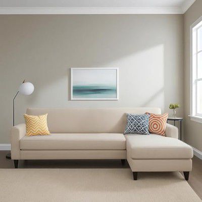 FURNY Carven 5 to 6 Seater Fabric RHS L Shape Sofa Set for Living Room (Cream)