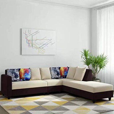 FURNY Castilla 6 Seater Fabric RHS L Shape Sofa Set (Cream-Brown)