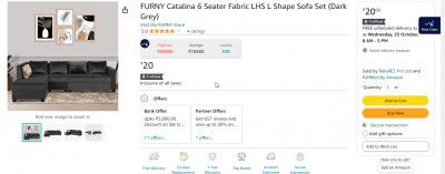 FURNY Catalina 6 Seater Fabric LHS L Shape Sofa Set (Dark Grey)