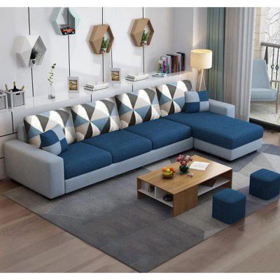 [Extra Rs 6500 OFF] FURNY Florren 6 Seater Fabric RHS Sectional L Shape Sofa Set - (Blue-Light Grey)