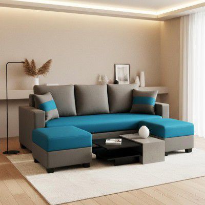 FURNY Iira Sofa Set 3 Seater Velvet Fabric (Aqua Blue - Dark Grey) with 2 Ottoman | Modular Design | Living Room Furniture | Modern Stylish Sofa for Home