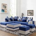 FURNY Stolan 8 Seater Fabric LHS Sectional L Shape Sofa Set with Centre Table & 2 Puffy (Blue-Light Grey)...