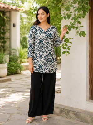 Fyunl Printed, Floral Print Viscose Rayon Straight Kurta for Women (Beige, Dark Green)