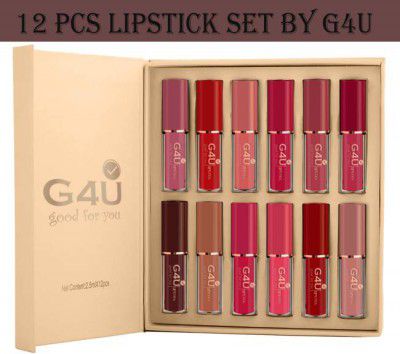 G4U Elegant 12 pcs Matte Lipstick - Intense Pigment, Smooth Finish  (Pink, Light Nude, Red, Nude, Brown, Maroon, 30 ml)
