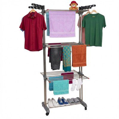 GADDA CO Stainless Steel Double Pole 3 Layer Cloth Drying Stand with Hanger | Grey -71 x 31 x 17 Inch
