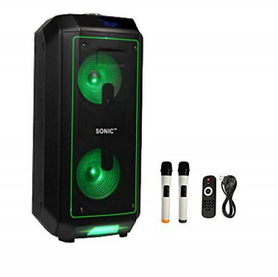 Gadget-Wagon Sonic Bluetooth Rechargeable Speaker with 2 Wireless mics, FM Radio, USB & Recording Option, Mic Echo Control for Karaoke (12 Inches * 2 120 watts)