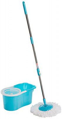 Gala Aqua Spin Mop with 4 Wheels & Big Bucket with 2 Microfiber Refills, Floor Cleaning Mop with Bucket, pocha for Floor Cleaning, Mopping Set (White and Blue)