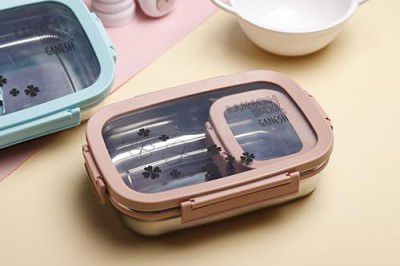 GANESH Alpha Senior Stainless Steel Insulated Lunch Box for School & Office, Airtight Leak-Proof, Unbreakable Lid, Snacks Tiffin Box - (950ml 1pc + 200ml 1 Pc)- Pink