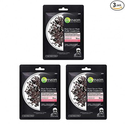 Garnier Black Rice Pure Charcoal Black Serum Mask, Face Serum Sheet Mask for Women, 28g - Pack of 3