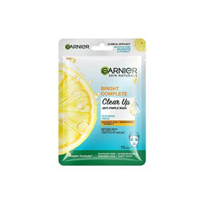Garnier Bright Complete Anti Pimple Sheet Mask -Infused With Power of 3 serums, Salicylic Acid, Niacinamide and Vitamin C Serum,Face Sheet Mask For Clear, Hydrated And Glowing Skin, for All Skin Types