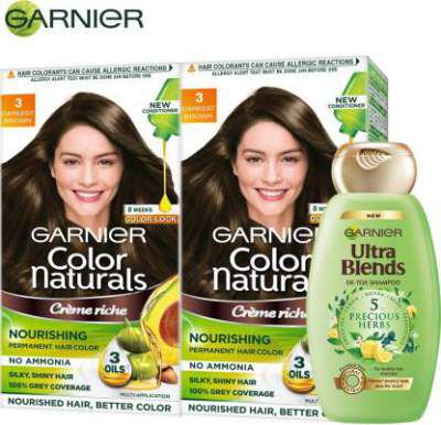 Garnier Color Naturals Crme Hair Color - Shade 3 Darkest Brown, 70ml+60g (Pack of 2)